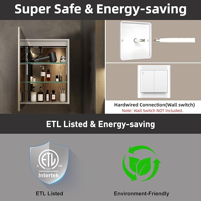 Medicine Cabinet with LED Lights and Mirror, 20 x 28 Inch Surface or Recessed Mounted Bathroom Cabinet with Door, Defogger, Memory Function, 3-Color Mode, Outlet&USB, Dimmer, Storage Shelf