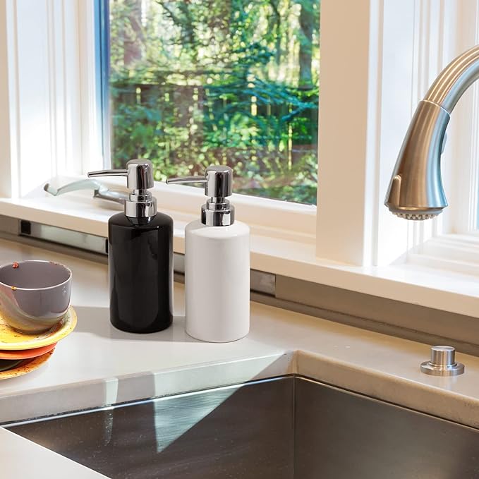 FE Soap Dispenser, 300ml/10oz Ceramic Liquid Soap Pump Dispenser, Refillable Dish Soap Dispenser for Kitchen Bathroom Washroom (Black)
