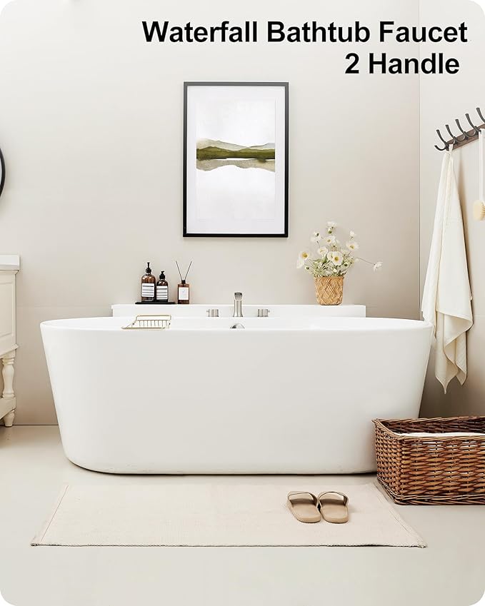Brass Roman Bathtub Faucet Brushed Nickel, Waterfall High Flow Bath Tub Faucet Set 3 Hole with 2 Handle Deck Mount & Pre-Installed Supply Hoses for Farmhouse