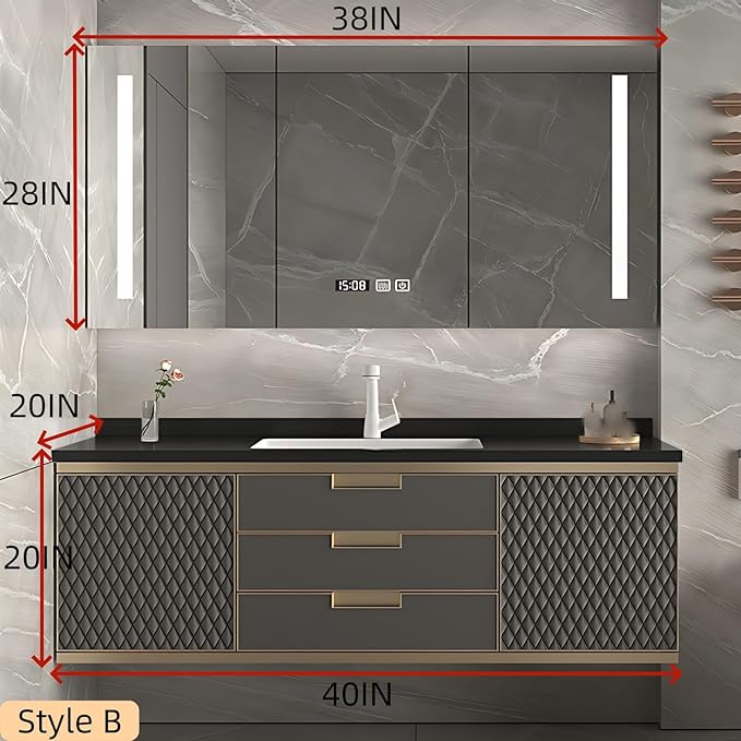 40IN Modern Bathroom Vanity - Wall-Mounted Bathroom Cabinet with LED Light | Intelligent Defogging Mirror Cabinet Includes Time Display Function, 2 Drawers & 2 Storage Cabinets (Style B)