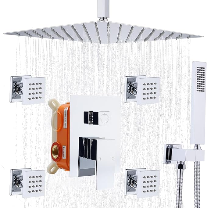 Enga Shower Body Jet System 12 Inch Ceiling Mounted Rainfall Shower Head with Body Sprays and Handheld Shower Faucet Set Rough-in Mixer Valve and Trim, Chrome