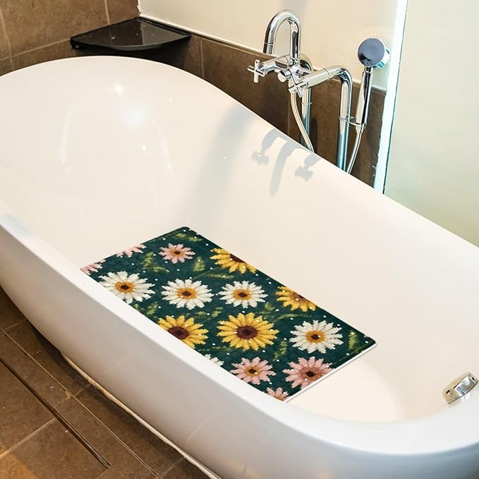Bath Tub and Shower Mats, Non Slip Bathmat with Drain Holes and Suction Cups for Bathroom Floor, 15.1 x 26.8 Inch (Cute Pixel Daisies Floral Pattern)