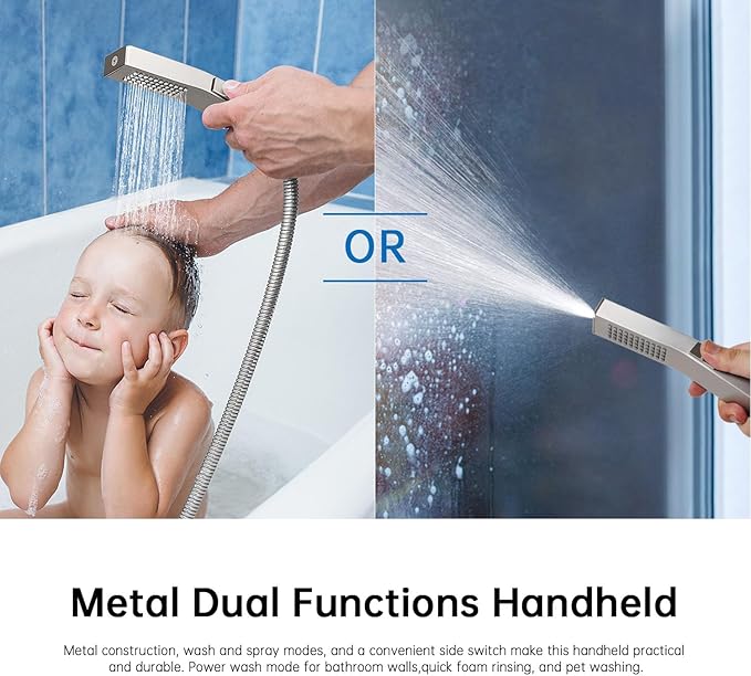 G-Promise All Metal 14 Inches Rain Shower Head with Handheld Built-in Power Wash Mode, 3-way Diverter with Pause Setting, 11 Inches Adjustable Extension Arm, Long Hose (Brushed Nickel, 14 Inches)