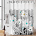 No Hook Flower Daisy Shower Curtain with Snap in Fabric Liner Set, Gray Wooden Boards Double Layers Waterproof Fabric with See Through Top Window Open Grommet Bath Curtain 71x74 Inch
