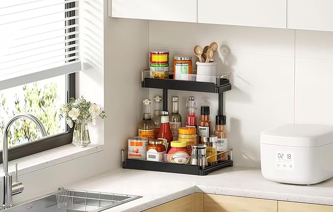 heart & home 1-Pack Under Sink Storage Organizer for Kitchen & Bathroom Cabinets with Removable Washable Tray, Tool-Free Assembly – Multi-Purpose for Kitchen Countertop, Vanity, & Laundry Room，Black