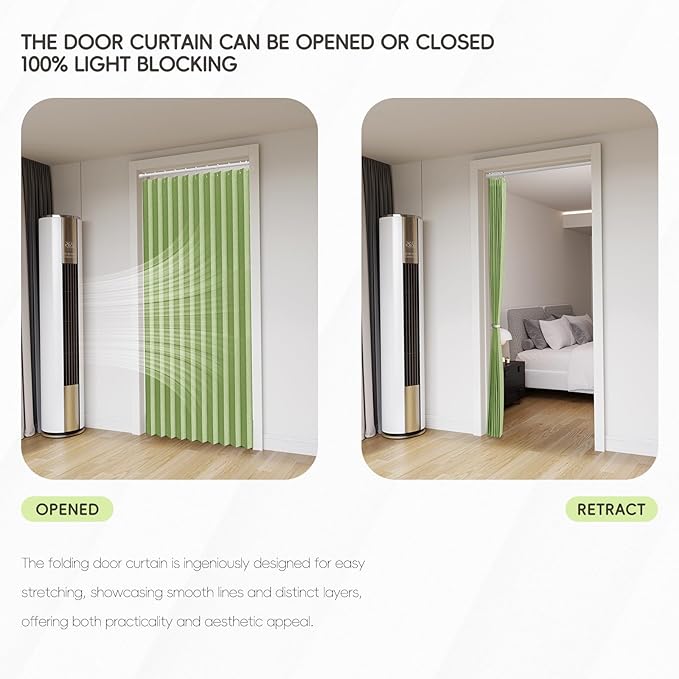 100% Blackout Fabric Folding Door Curtain with Magnetic Closure - Accordion Style for Sliding Doors, Closets,Wardrobe and Temporary Door Solutions Doorway Curtains（W42 x L78, Green，1 Panel）