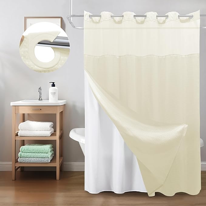 Inhousolu Long No Hook Shower Curtain with Snap in Fabric Liner Set Waffle Weave 230GSM Weighted Hem, Waterproof & Washable Bathroom Curtain Spa Luxury with Mesh Top Window 72" W x 78" L Ivory