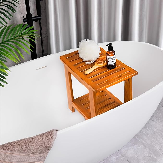 18" Standard Teak Shower Bench with Shelf & Handle - Waterproof, Non-Slip Bath Stool, 300 lbs Capacity - Fits Standard Tubs/Showers & Outdoor Use (Patented)