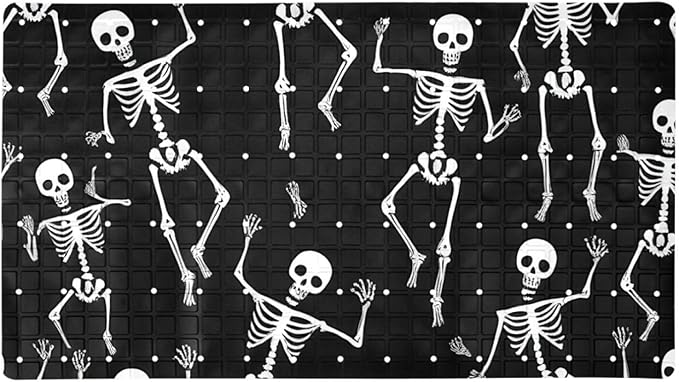 Bath Tub and Shower Mats, Non Slip Bathmat with Drain Holes and Suction Cups for Bathroom Floor, 15.1 x 26.8 Inch (Halloween Dancing Skeletons Cartoon Style)