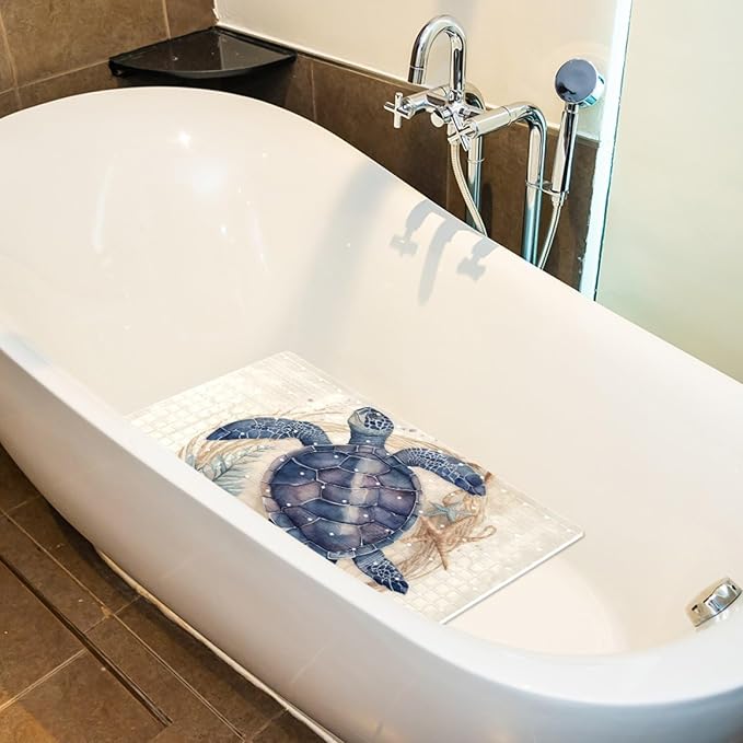 Bathtub Mats for Shower Tub, Anti-Slip Bath Mats for Inside Tub, Bathroom Shower Mats with Drain Holes and Suction Cups (Vintage Sea Turtle with Seashells and Starfish)