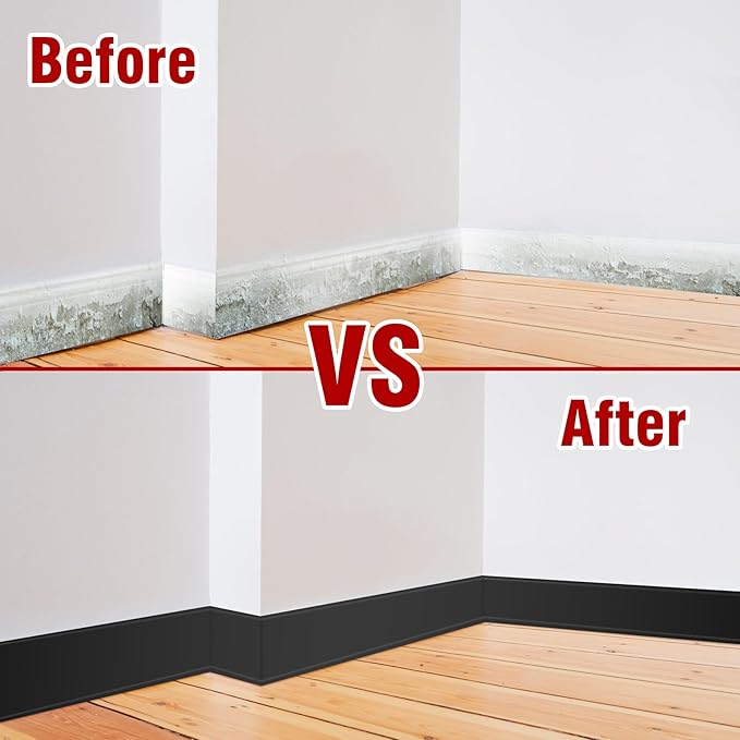 Vinyl Baseboard Molding Trim 6 Inch x 20 Feet Peel and Stick Baseboard Trim Flexible PVC Cove Base Moulding Self-Adhesive Trim for Garage Bathroom Cabinet Floor Walls, Black