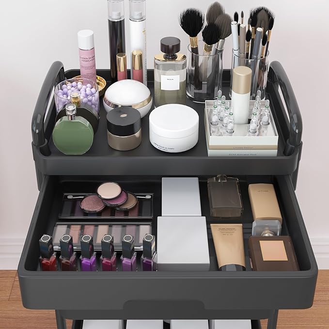 Calmootey 4-Tier Rolling Utility Cart with Drawer,Multifunctional Storage Organizer with Plastic Shelf & Metal Wheel,Storage Cart for Kitchen,Bathroom,Living Room,Office,Black
