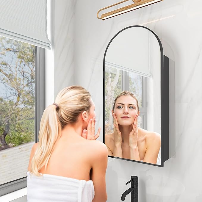 FKWin Arched Black Bathroom Medicine Cabinet with Mirror, Left or Right Opening, Bathroom Vanity Mirrors for Over Sink, Surface Mount Medicine Cabinet not Recessed, Black, 16x31 inch
