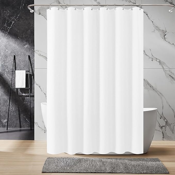 Inhousolu Fabric Shower Curtain Waffle Weave, 230 GSM Heavy Duty, Weighted Hem, 14 Metal Hooks, Water Repellent, Machine Washable, Hotel Spa Luxury Bath Curtain Set, 72 x 96 Inch, White