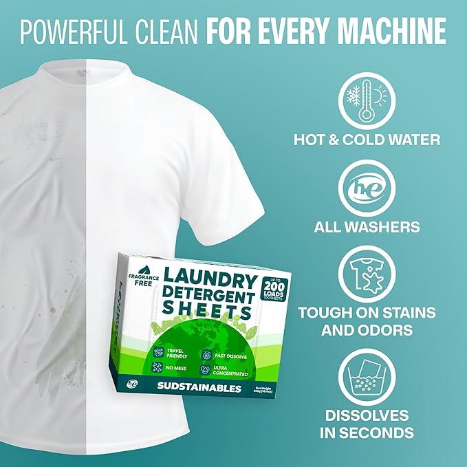Sudstainables Laundry Detergent Sheets 200 Loads – Dissolvable Laundry Sheet for Washing Machines, Compact Alternative to Liquid & Powder Detergent, Travel-Friendly Soap | Fragrance Free