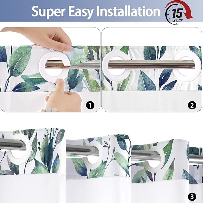 No Hook Shower Curtain and Liner Set, Green Eucalyptus Floral Shower Curtains for Bathroom, Bath Curtain Sets with Snap in Liner, Waterproof with See Through Top Window, 71x74 Inches