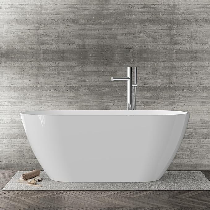 59 Inch Freestanding Acrylic Bathtub, Modern Soaking Tub with Chrome Overflow & Drain, CUPC Certified, Deep Soaking Design for Luxurious Spa Experience, Contemporary Bathroom Centerpiece