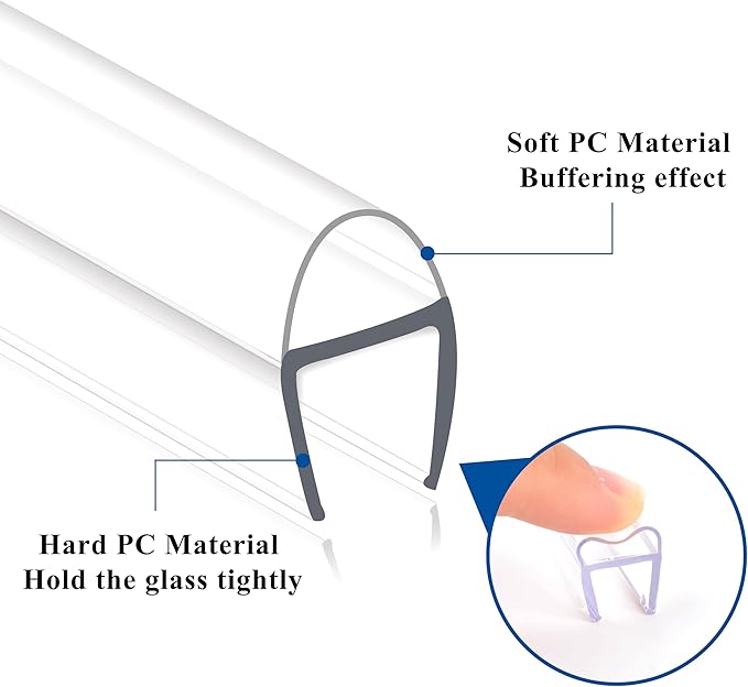 Frameless Shower Door Seal Strip 2 Pack x 39 Inch U for 3/8" Thick Glass Shower Door Side Seal Strip Bottom Seal Door Sweep, Ultra Clear Polycarbonate, Stop Shower Leaks Create A Water Barrier