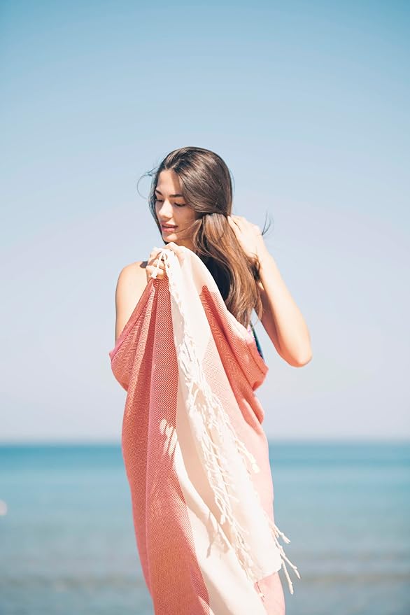 Bazaar Anatolia Turkish Beach Towel 100% Cotton Bath Towels 71x39 Quick Dry Sand Free Lightweight Large Oversized Herringbone Red
