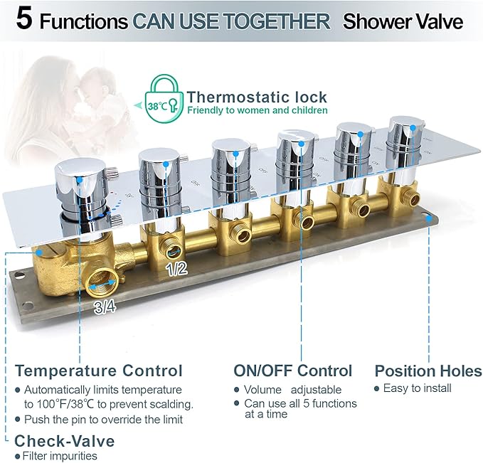 HOMEDEC 5 Functions Shower Diverter Valve, 5 Way Thermostatic Mixing Shower Rough-In Valve and Trim Kit, Thermostatic Shower Control Water Outlet, Chrome