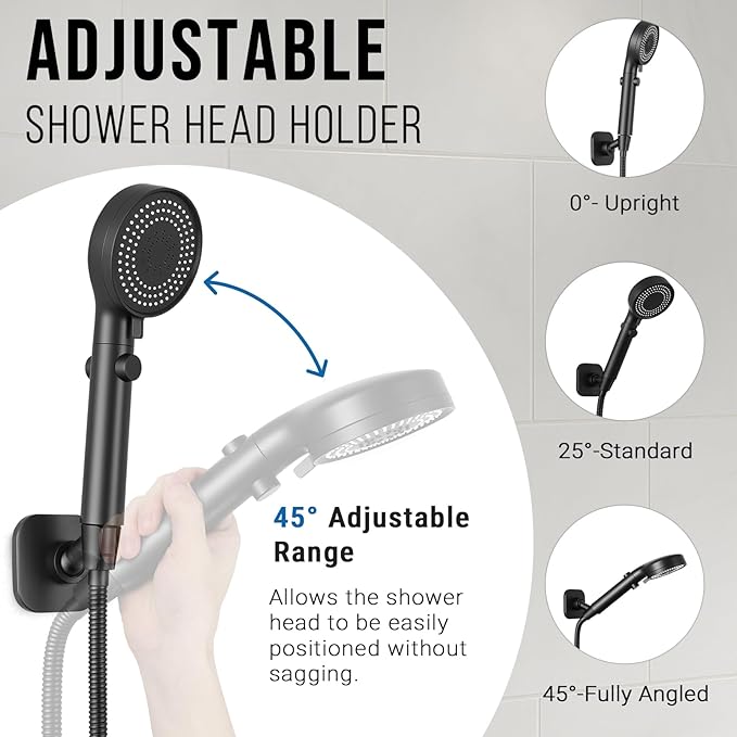 G-Promise All Metal Handheld Shower Head Holder, Adjustable Wall Mount Shower Wand Bracket, Strong Adhesive Disc Mount or Drill Installation (Matte Black)