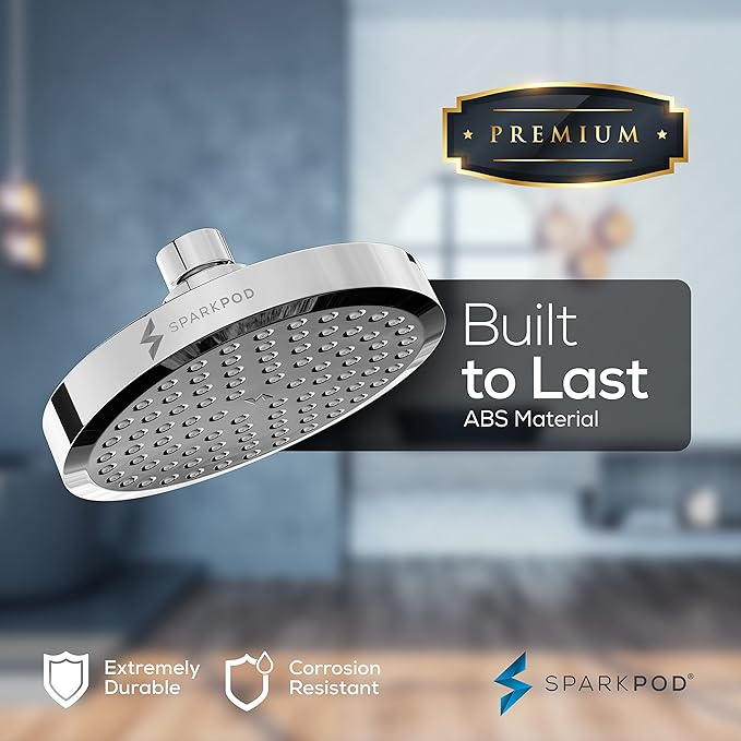 SparkPod Round Rain Shower Head with Shower Head Extension Arm - High Pressure Rain - Luxury Modern Look - No Hassle Tool-less 1-Min Installation (16" Shower Arm Extension, Luxury Polished Chrome)