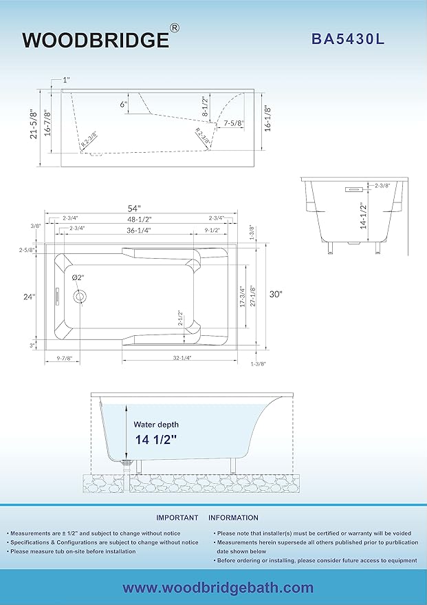 WOODBRIDGE 54" Acrylic Rectangular Alcove Soaking Bathtub in White with Left Drain, Oil Rubbed Bronz pop-UP Drain Included BA5430L