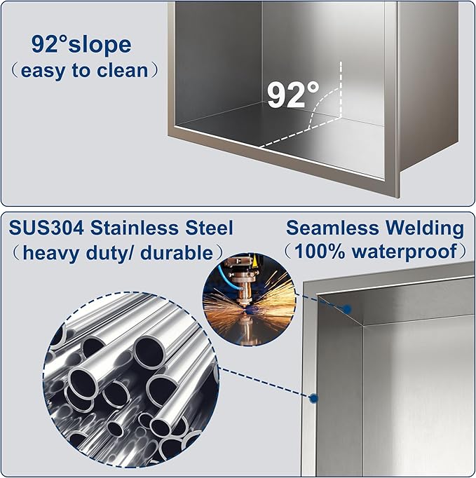 Neodrain 12X30 Inch Brushed Three Layers Stainless Steel Shower Niche, NO Tile Needed Recessed Niche Shelf for Bathroom Storage, 3-Tier Recessed Built-in Wall Niche
