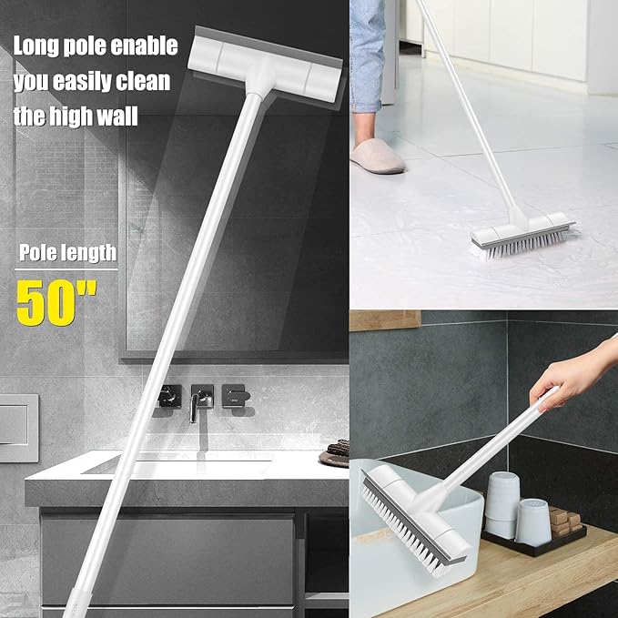 BOOMJOY 2 Pack Floor Scrub Brush with Long Handle, 2 in 1 Scrape and Brush, for Cleaning Deck, Tile, Grout, Kitchen, Patio, Garages