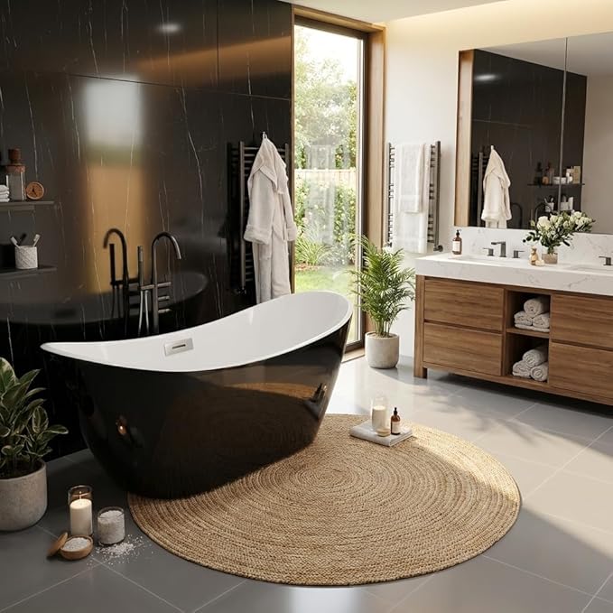 Bathtub with Upturned Ends, CUPC Chrome Drain and Overflow, White Interior and Black Exterior, Built-in Overflow, Fiber-Coated Fixing Bracket
