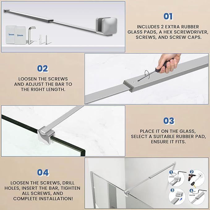 Shower Door Glass Support Bar, 26.96" to 48.54" Adjustable Stainless Steel Wall-to-Glass Shower Stabilizer Rod for 1/4", 5/16", 3/8", Chrome