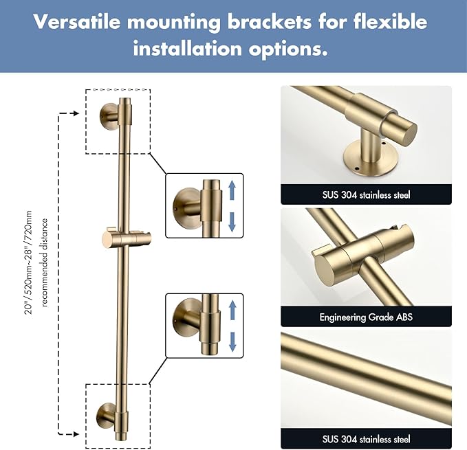 Adjustable Shower Slide Bar with 5-Function Handheld Shower Head, Stainless Steel Drill-free Mounted Slide Bar Combo with Extra Hose (Brushed Gold)