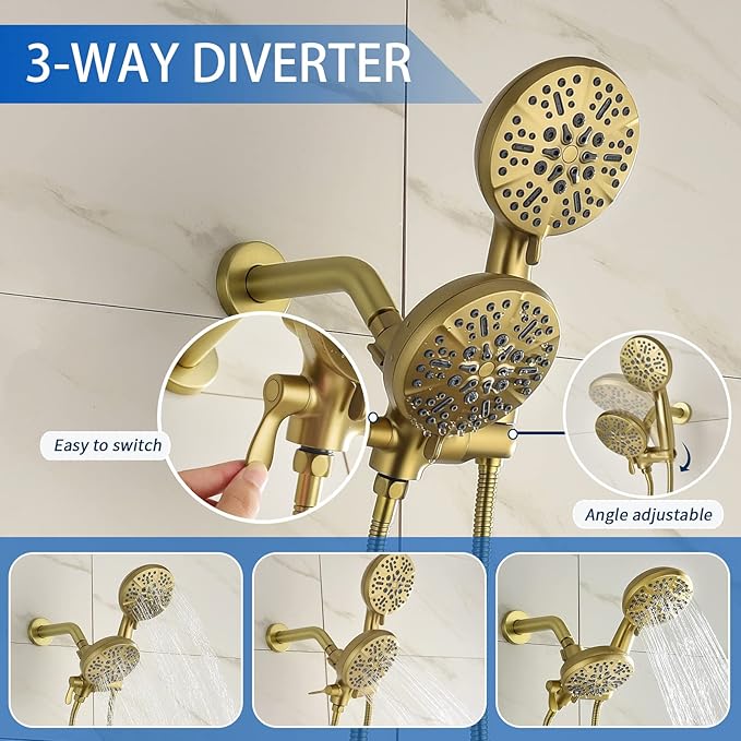 Dual Shower Faucet Set with Tub Spout Tub and Shower Faucet Set Complete Dual Shower Head and Handheld Combo Shower System with Tub Spout Tub and Shower Trim Kit Brushed Gold
