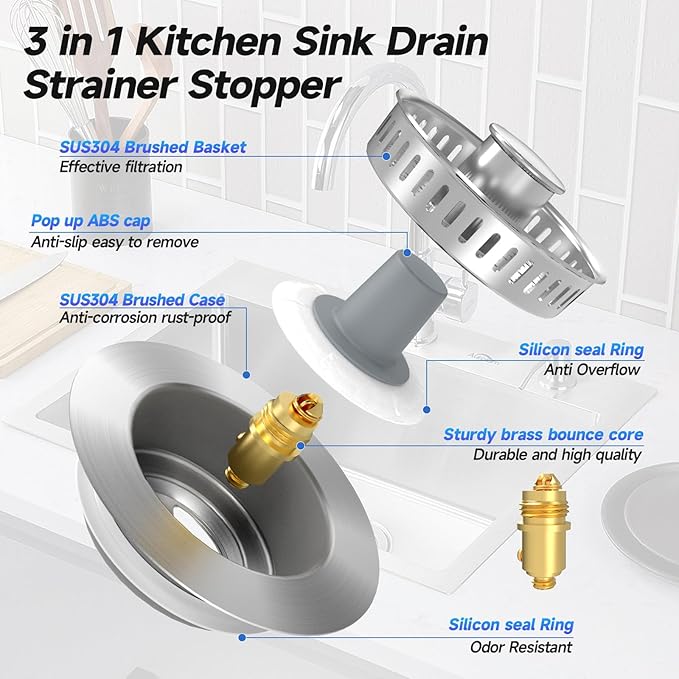 3 in 1 Kitchen Sink Drain Strainer Sink Stopper, Stainless Steel Sink Drain Strainer with Anti-Clogging Basket, Kitchen Sink Drain Filter Plug for US Standard 3-1/2 Inch Drain (2Pack)