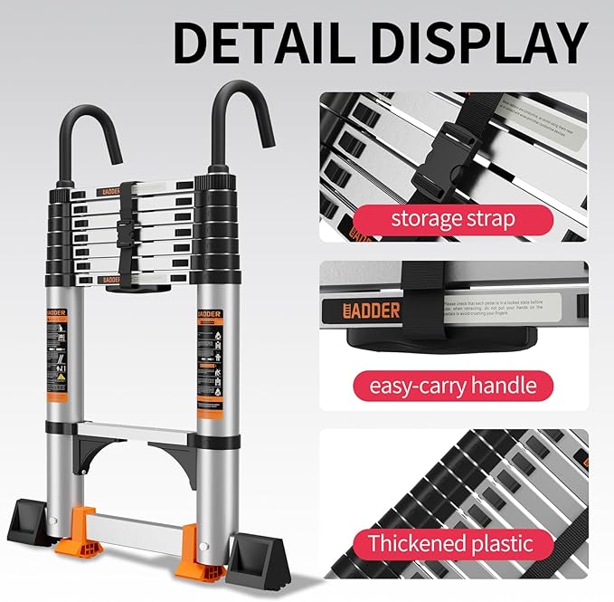 Telescoping Ladder,13.5FT Aluminum Multi-Purpose Collapsible Ladder with Stabilizers and Hooks,Jiashche Portable Extension Ladder for RV or Outdoor Work Silver,330lb Max Capacity