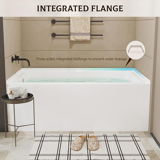 60x30 Inch Acrylic Bathtub, Single Apron Alcove Soaking Tub with Right-Side Overflow & Drain, Space-Saving Built-In Design, Easy Install for Modern Bathrooms