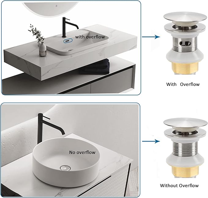 Bathroom Sink Drain,Drain Stopper Bathroom Sink Without Overflow,Pop Up Drain Assembly with Detachable Strainer Basket,Built-in Anti-Clogging Strainer,Stainless Steel Brushed Nickel