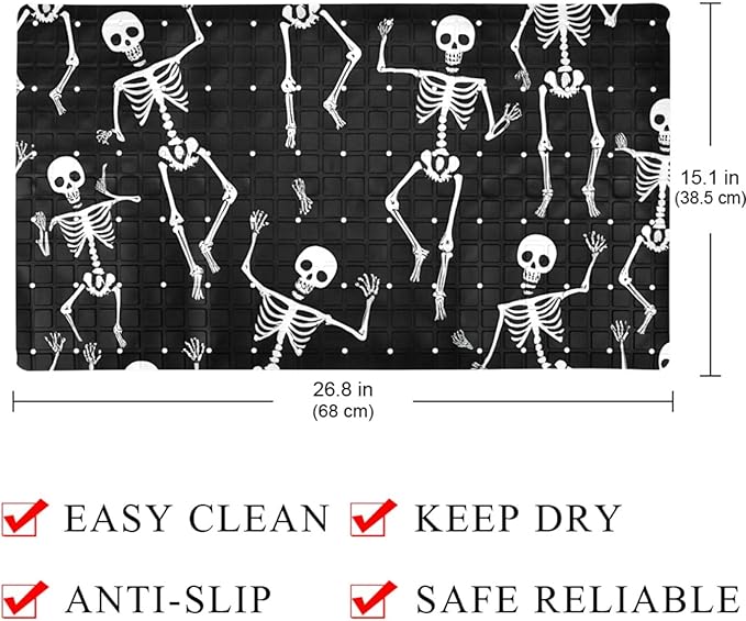 Bath Tub and Shower Mats, Non Slip Bathmat with Drain Holes and Suction Cups for Bathroom Floor, 15.1 x 26.8 Inch (Halloween Dancing Skeletons Cartoon Style)