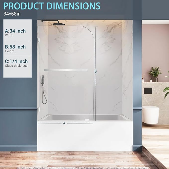Bathtub Shower Door, 34" W X 58" H Fixed Bathtub Shower Glass Panel in Polished Chrome Finish, 1/4"(6mm) Clear Tempered Frameless Shower Glass Door, Tub Shower Panel with Clamps and Handle