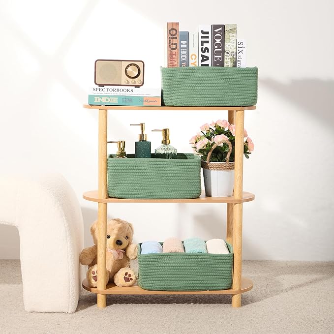 Small Storage Baskets for Organizing | Closet Organizer Bins | Shelf Toy Basket | Woven Rope Baskets | Cube Decorative Box | Shallow Basket | 13x8.5x5.1” | 4 Packs Green