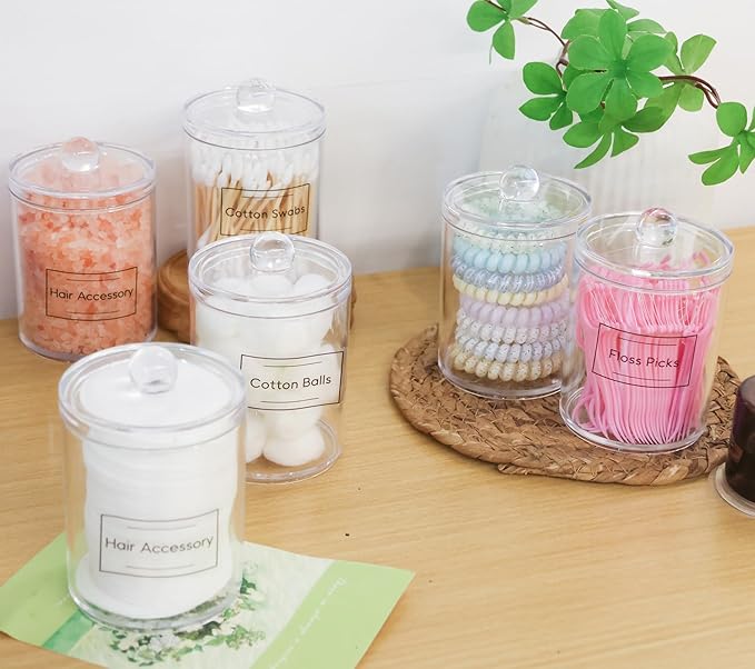 4 Pack Acrylic Qtip Holder Dispenser,Bathroom Canisters Apothecary Jar Set, Vanity Makeup Storage Organizer Set, 10 and 12 oz