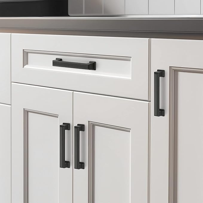 Ravinte Hardware 5 Pack Matte Black Cabinet Pulls, 3-3/4 Inch (96mm) Hole Center Zinc Alloy Drawer Handles for Kitchen Cabinets, Cupboards, Dressers, Square Solid Metal Hardware