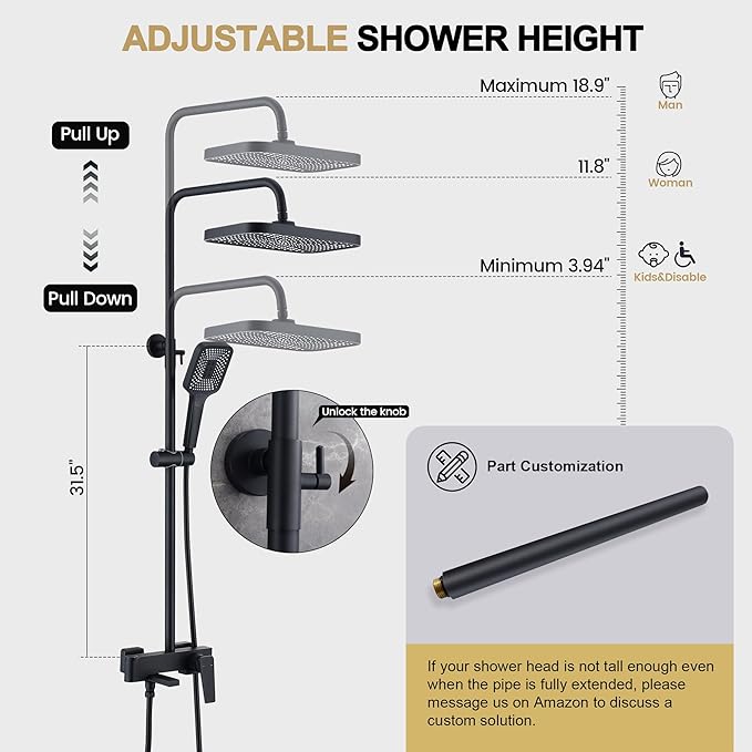 Shower Systems with 12 x8 Inches Rain Shower Head, Matte Black Exposed Pipe Shower System,3 Functions Tub Shower Faucet Sets,Overhead Shower System with Handheld