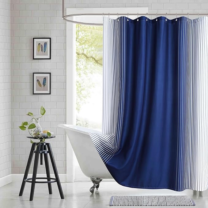 90 Inch Blue Shower Curtain, Extra Long Modern Navy Blue and White Gradient Vertical Stripe Waterproof Polyester Shower Curtains for Bathroom, 72x90 Inches