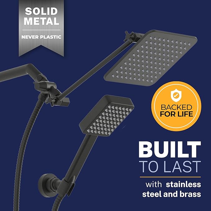 HammerHead® Solid Metal Dual Shower Head Combo — 8" Square Rain Shower Head with Handheld, 12" Adjustable Arm & Wall-Mount Holder for Flexible Installation — Matte Black