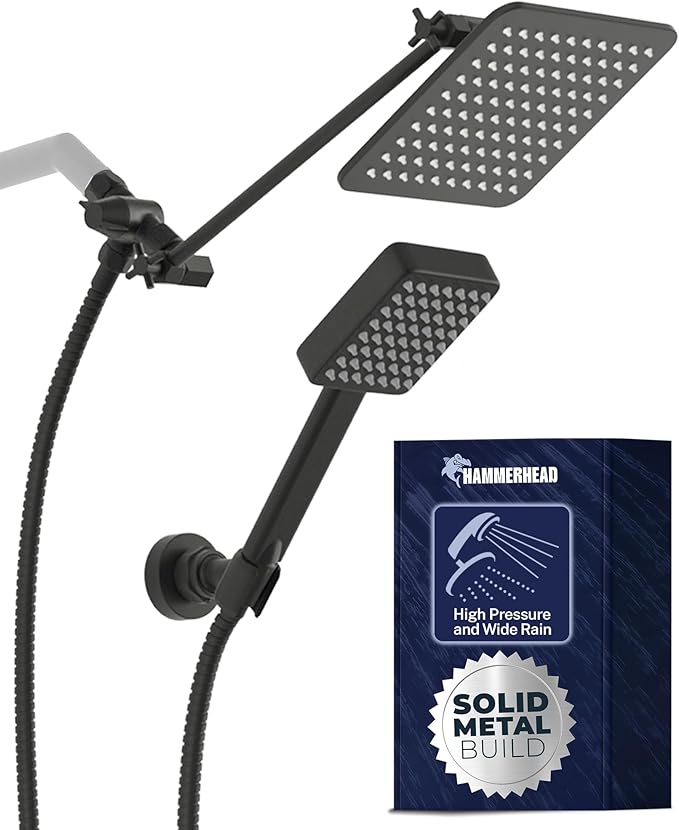 HammerHead® Solid Metal Dual Shower Head Combo — 8" Square Rain Shower Head with Handheld, 12" Adjustable Arm & Wall-Mount Holder for Flexible Installation — Matte Black