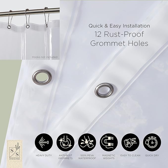 Stitch & Stone Shower Curtain Liner, Premium Heavyweight Durable Waterproof 8g PEVA for Bathroom with Weighted Magnets, Standard Size 72" x 72", Clear 1 Pack