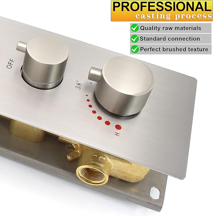 HOMEDEC 5-Function Brass Thermostatic Shower Valve Kit Can Run at Same Time, Concealed Water Diverter with 6 Round Handles Knobs Valve, Brushed Nickel