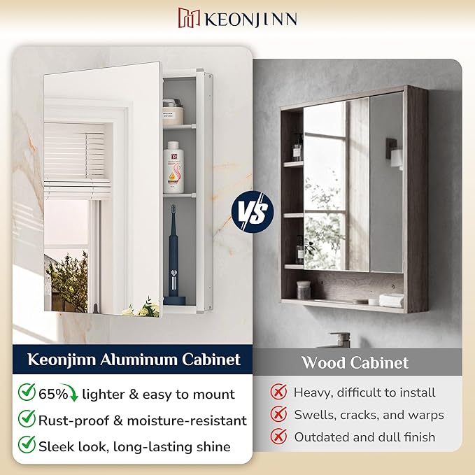 Keonjinn 16.14 x 24.01 Inch Medicine Cabinet, Bathroom Medicine Cabinet with Mirror, Lightweight Aluminum Structure, Assembly Required, in Wall or Wall Mount, Adjustable Shelves, Tempered Glass