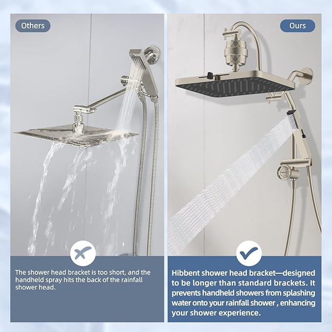 Hibbent 5-spray Filtered Rainfall Shower Head Combo, High Pressure 13'' Showerhead with Stainless Steel 4 Spray Modes Handheld, All Metal 4-way Diverter Arm, 71'' Hose & Holder, Brushed Nickel